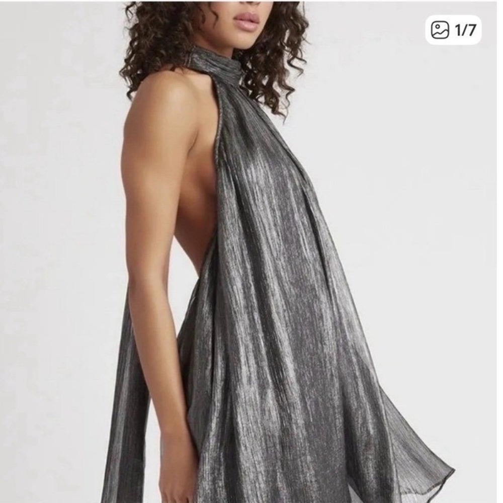 Choosy Metallic Gunmetal Halter Top Open Back Pleated Shimmer Party XS NWT